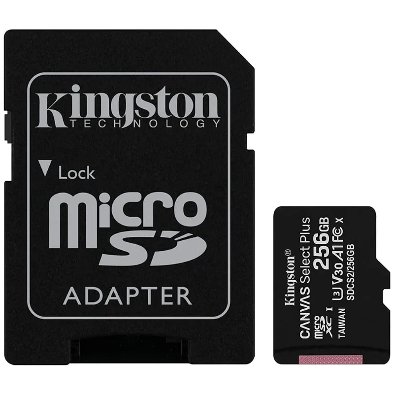 Cartão de Memória 256GB Kingston MicroSD card com Adaptador Canvas Select Plus 100R A1 C10 4310