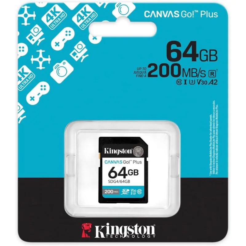 Cartão SD 64GB Kingston Canvas Go Plus para Gravação de Vídeo 4K UHD e Modo Fotográfico Burst na sua DSLR, Leitura até 200MB/s, SDG4/64GB