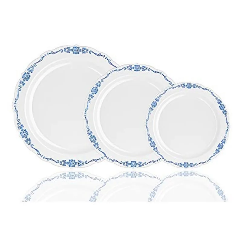 Pratos de plástico descartáveis de 60 peças Pratos descartáveis premium de design vitoriano 9 polegadas. Pratos de plástico como porcelana branca e marinha para festas e casamentos