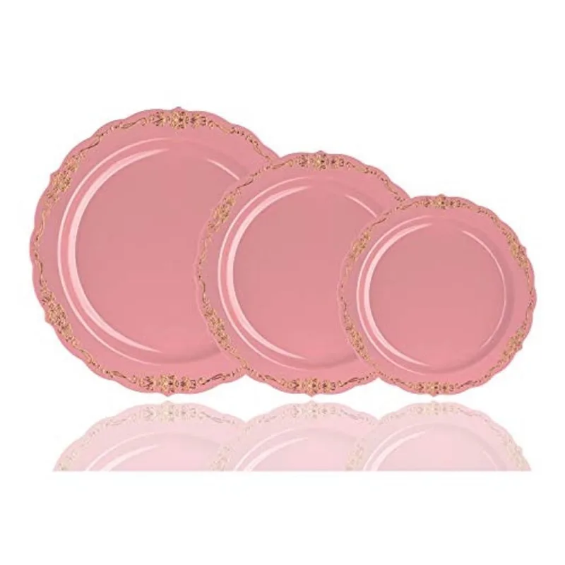 Pratos de plástico descartáveis de 60 peças Pratos descartáveis premium de design vitoriano 9 polegadas. Pink & Gold China Like Placas de plástico para festas e casamentos