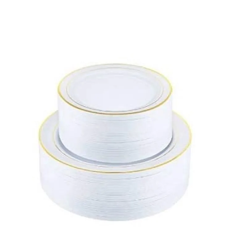 Placas de plástico descartáveis de ouro de 102 peças, conjunto de pratos de casamento descartáveis pesados Prato de festa branco com borda dourada, inclui 51 pratos de jantar 10,25 e 51 pratos de sobr