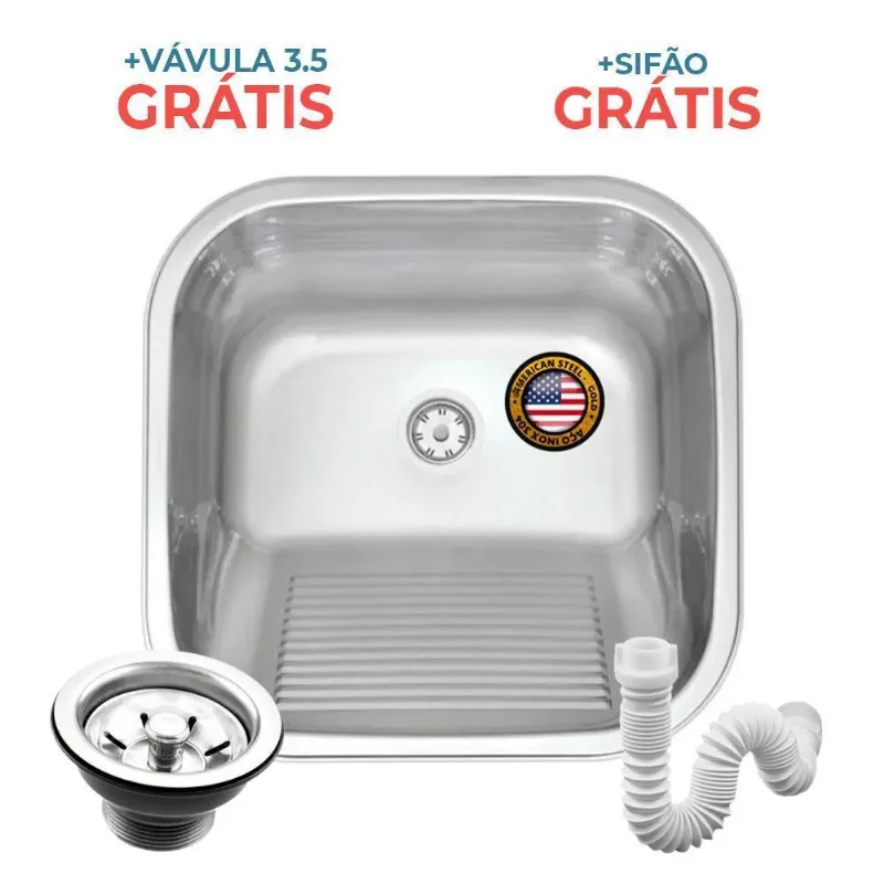Tanque Inox Monobloco 40x40 Fosco + Sifão Inox 304