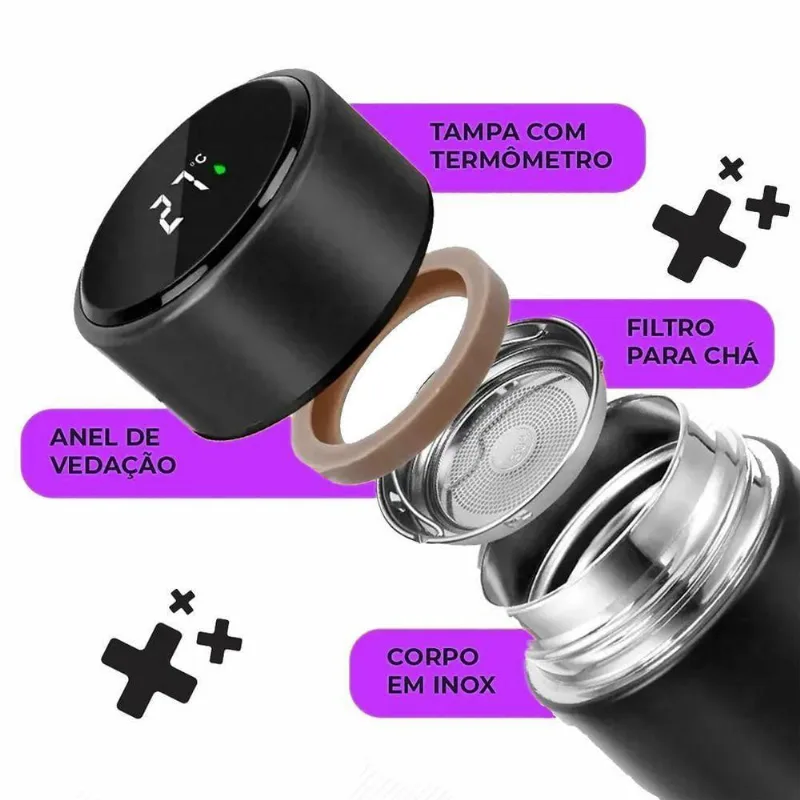 Garrafa Térmica Inox Medidor Temperatura Portátil Preto