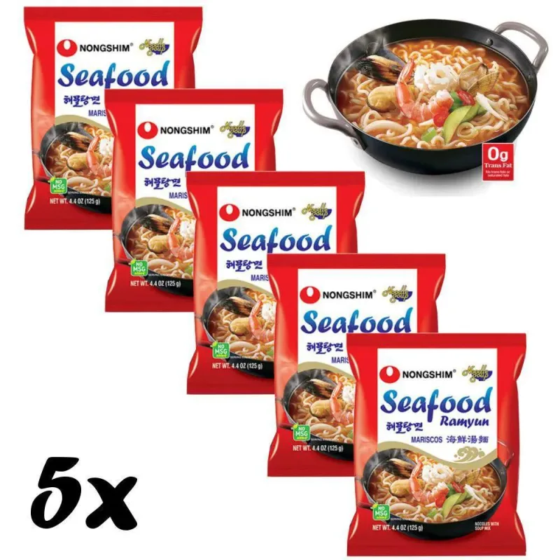 5 Lamen Coreano Seafood Sabor Picante E Frutos Do Mar 100g - Não Informado