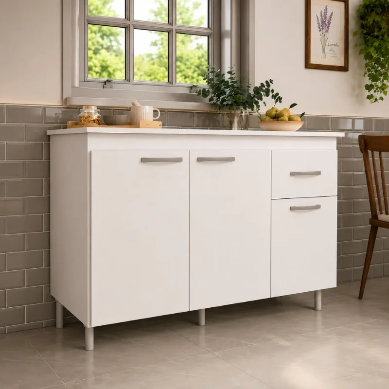 Balcão Sem Tampo para Pia 3 Portas 1 Gaveta Indekes 120 cm Balcão Sem Tampo 3 Portas 1 Gaveta Pop Indekes 118cm | Branco