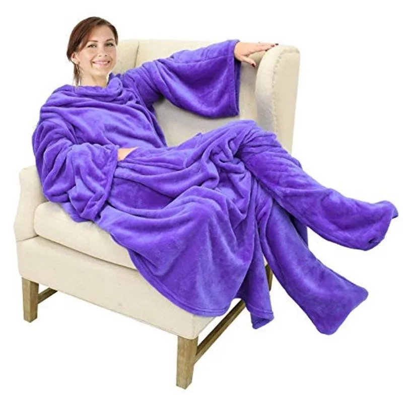 Catalunha Wearable Cobertor de lã com mangas e bolsos de pé para mulheres adultas homens, Micro Plush Comfy Wrap Manga Manga Jogar Cobertor Robe Grande, Roxo