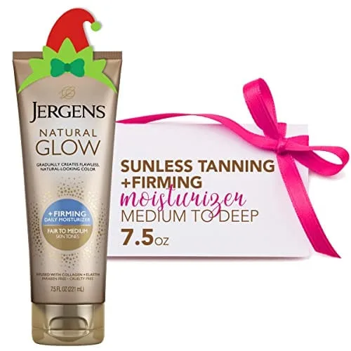 Loção corporal autobronzeadora Jergens Natural Glow + firming c/ colágeno e elastina p/ hidratar e reduzir celulite. 7,141ml. Presente de estoque - Não Disponível