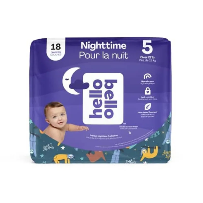 Olá Bello Premium Fraldas Noturnas para Bebês Tamanho 5 I 18 Contagem de Fraldas Descartáveis Noturnas Ultra Absorventes e Super Macias e Ecológicas para Bebês e Crianças I Preguiças Sonolentas