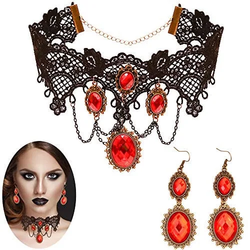 Conjunto de joias de vampiro gótico esqueleto - gargantilha de renda preta com brincos de strass vermelho Conjunto de acessórios de fantasia de pirata - Não Disponível