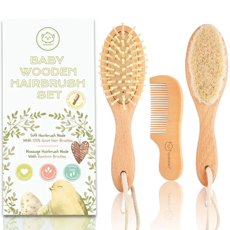 Escova de cabelo do bebê e pente definido para recém-nascido - Escova de cabelo de madeira natural com cerdas de cabra macia para tampa de berço - Produto perfeito de limpeza do couro cabeludo para cr