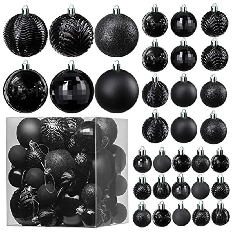 Prextex Enfeites de bola de Natal para decorações de Natal (preto) 36 pcs Árvore de Natal Shatterproof Ornamentos com laço suspenso para férias, grinalda e decorações de festa (Combo de 6 estilos em 3