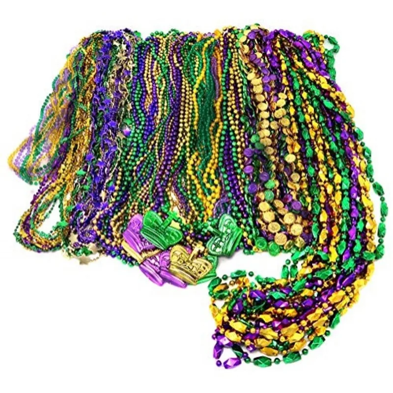 Contas sortindo Mardi Gras Beads Bulk (100 Pcs) Mardi Gras Decorações Colares Metálicos Roxo Dourado Verde Variado Designs Únicos Para Festa de Fantasia De Máscara favorece suprimentos pela novidade d