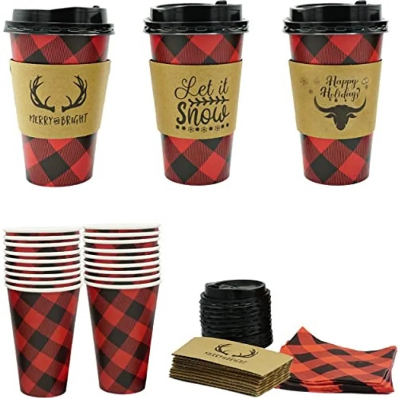 4E's Novelty 16oz Natal Buffalo xadrez copos com tampas, mangas de copo, guardanapos (12 pacotes) Copos de café de papel descartável isolado para suprimentos de festa de cacau quente, barra de chocola