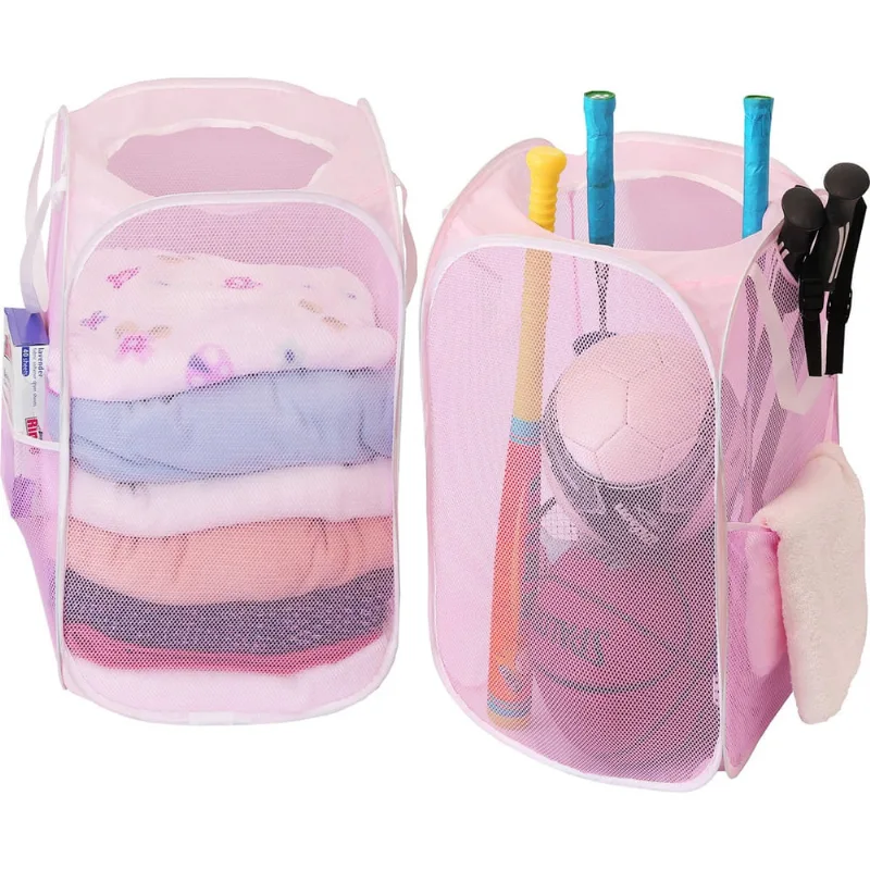 2 Pacote - SimpleHouseware Mesh Pop-Up Laundry Hamper Basket com bolso lateral, rosa