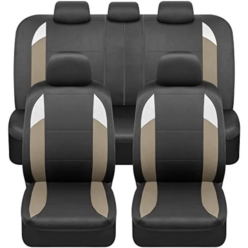 CarXS Monaco Tan Bege Seat Covers for Cars Full Set, Tri-Tone Front Car Seat Covers with Split Rear Bench Back Seat Cover, Automotive Interior Covers for Trucks suv Van Auto
