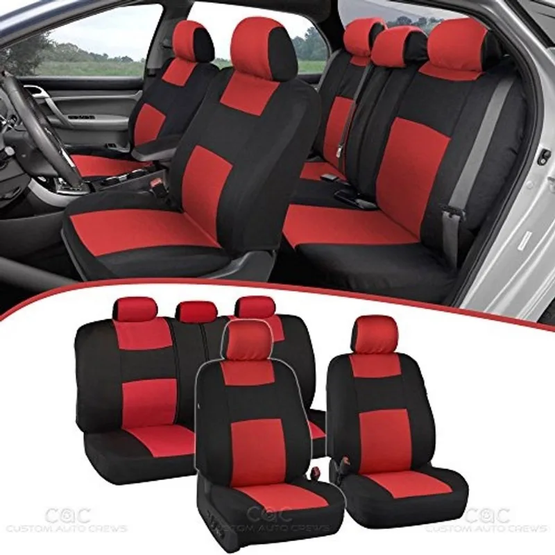 Bdk PolyPro Carro Seat Cobre Conjunto Completo em Vermelho na Preto – Tampa do banco de banco split dianteiro e traseiro, fácil de instalar, tampas internas para suv van de caminhão automático
