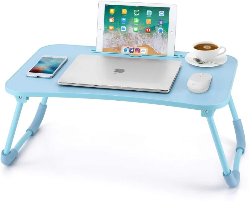 Nnewvante Lap Desk Cama Mesa Bandeja para comer Escrita mesa dobrável com slots para iPad para adultos alunos crianças azul