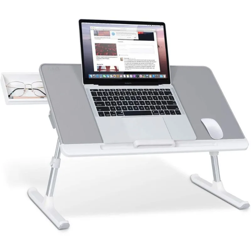 Mesacama para laptop ajustável SAIJI portátil de pé com gaveta de armazenamento dobrável para tablet cinza