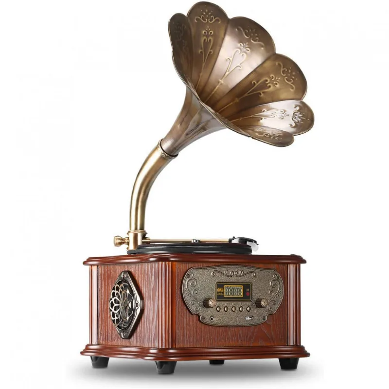 LuguLake Vitrola TocaDiscos Gramofone com Corneta de Cobre e Altofalante Embutido