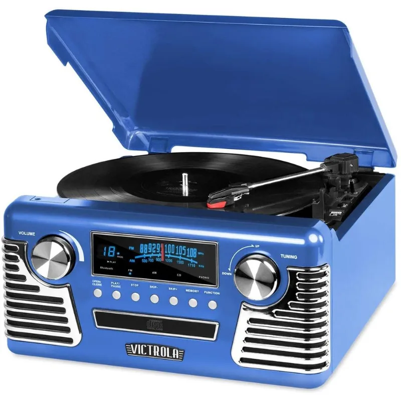 Victrola Retro Toca Discos 3 Velocidades e Gravador Bluetooth Azul
