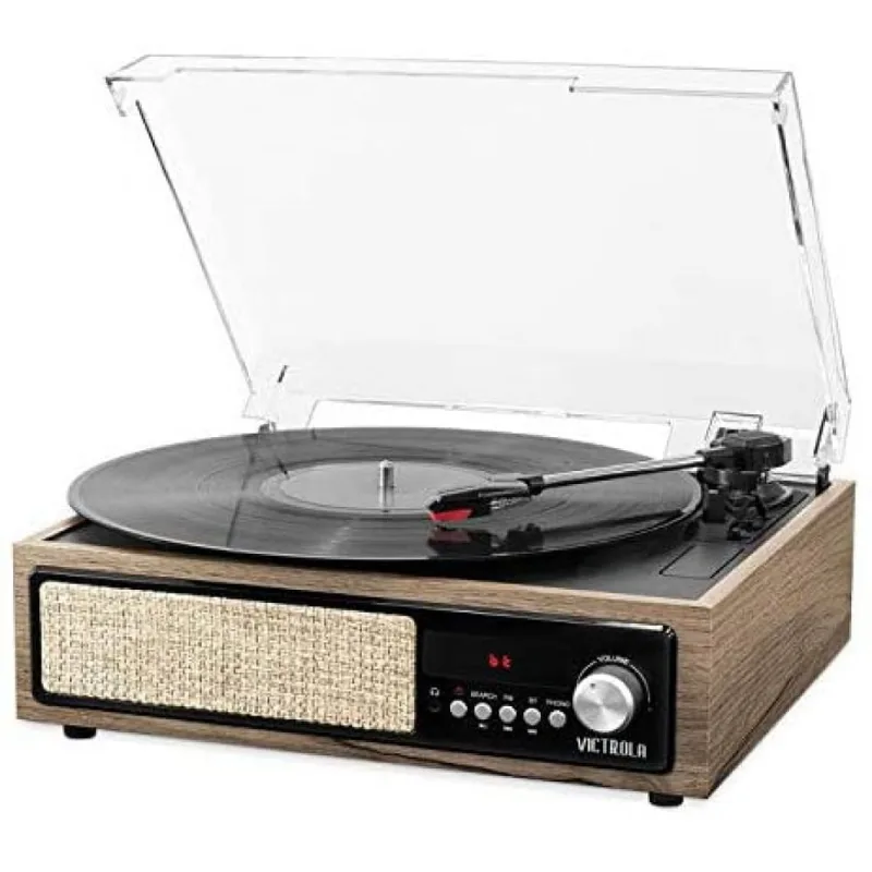 Vitrola 3 em 1 Gravador Bluetooth com AltoFalantes Integrados e TocaDiscos de 3 Velocidades Farmhouse Walnut