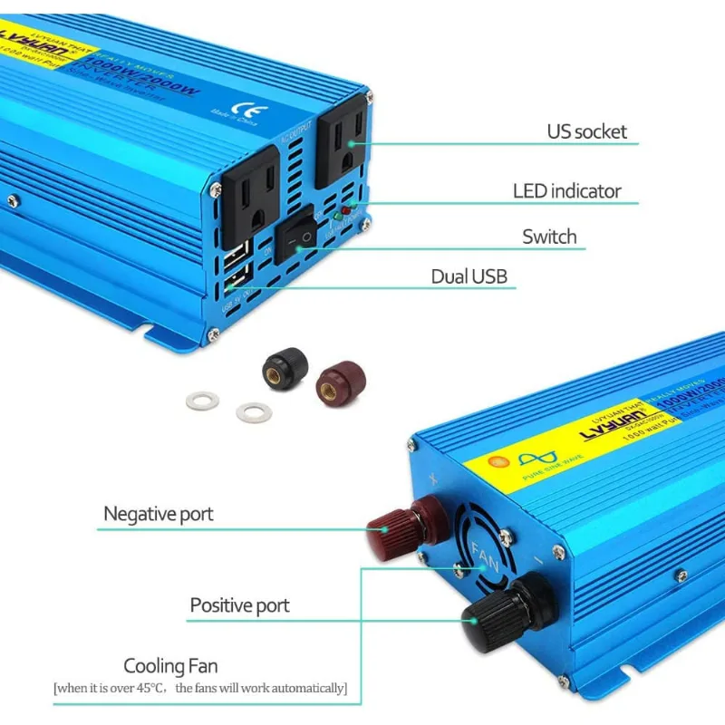 LVYUAN Inversor de Potência Automotivo 1000W com Portas USB e Tomadas Duplas