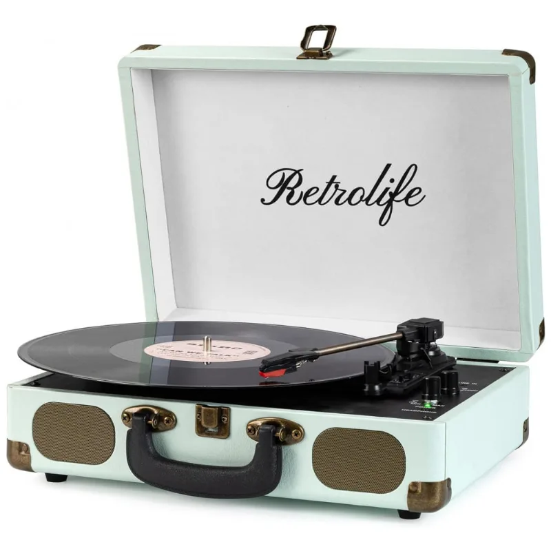Retrolife Vitrola, Toca Discos Retro 3 Velocidades Com Bluetooth E Aux, Azul Claro