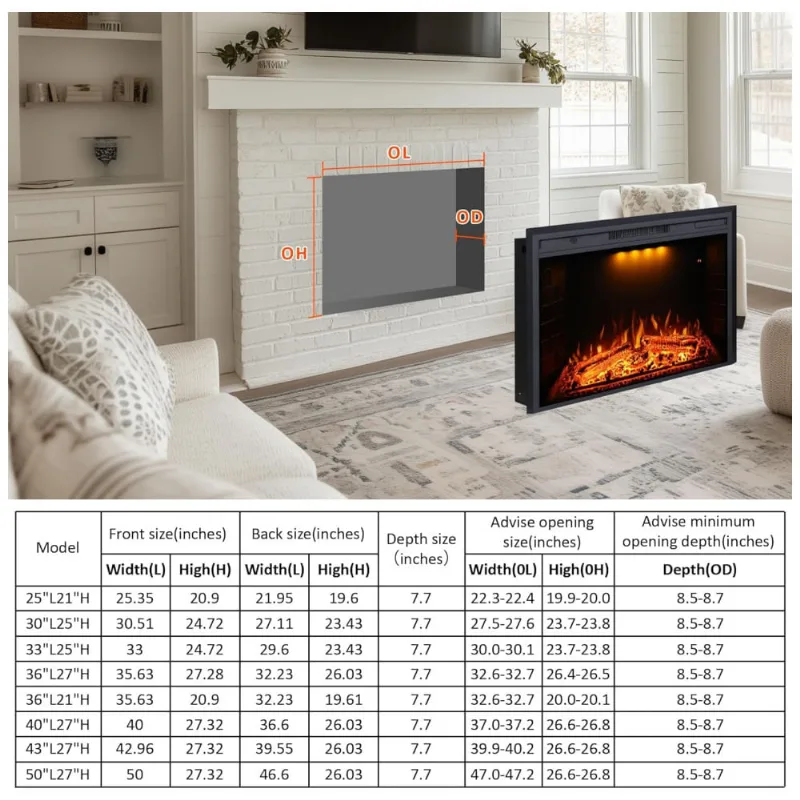Lareira Elétrica De Embutir A69x109l Com Controle Remoto E Proteção Contra Superaquecimento, 1500w, 110v, Valuxhome Vef40t, Preto