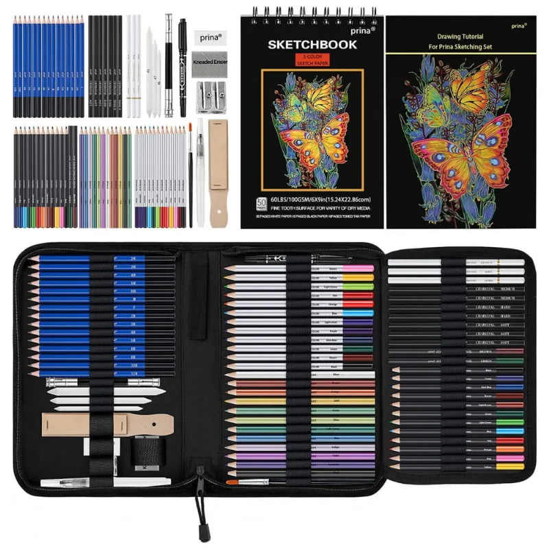 Kit Lápis de Cor Profissional com Estojo peças Tintas Acrílicas, Aquarela, PRINA 76, Preto 110v