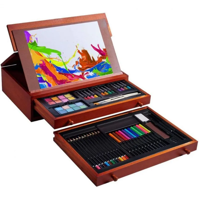 Kit Lápis de Cor Profissional com Maleta de Madeira 108 peças Tintas Acrílicas, Aquarela, VIGORFUN US XJ Art Set 1, Marrom