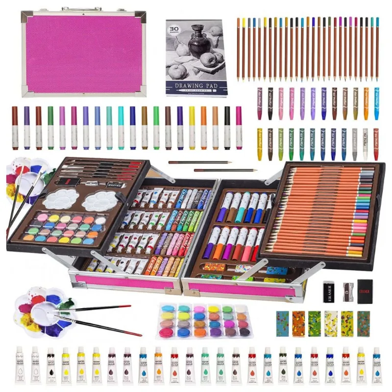 Kit Lápis de Cor Profissional com Maleta de Madeira 139 peças Tintas Acrílicas, Aquarela, KINSPORY L137, Azul