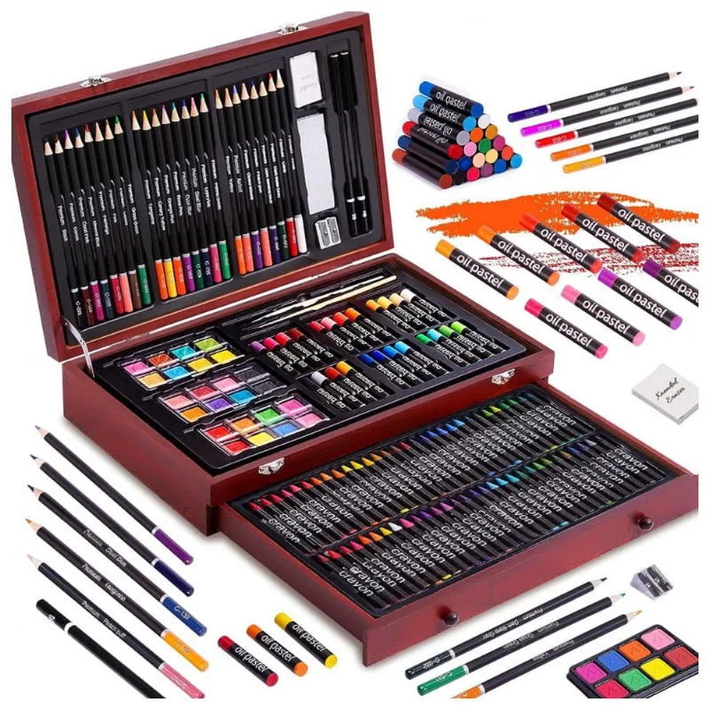 Kit Lápis de Cor Profissional Art 101 USA com Maleta de Madeira 175 peças Tintas Acrílicas, Aquarela, Marrom