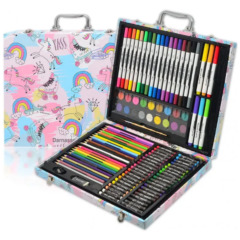 Kit Lápis de Cor Profissional com Maleta de Madeira 132 peças Tintas Acrílicas, Aquarela, Colorido, DARNASSUS 132PAPERARTSSET, Branco