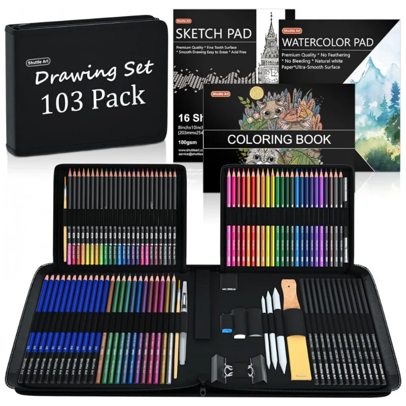 Kit Lápis de Cor Profissional com Estojo 103 peças Tintas Acrílicas, Aquarela, SHUTTLE ART SA SS103, Preto