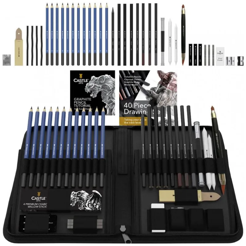 Kit Lápis de Cor Profissional com Estojo 40 peças Tintas Acrílicas, Aquarela, CASTLE ART SUPPLIES 4336945598, Preto