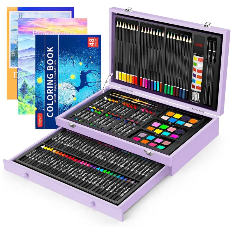Kit Lápis de Cor Profissional com Maleta de Madeira 150 peças Tintas Acrílicas, Aquarela, Roxa, IBAYAM, Violeta