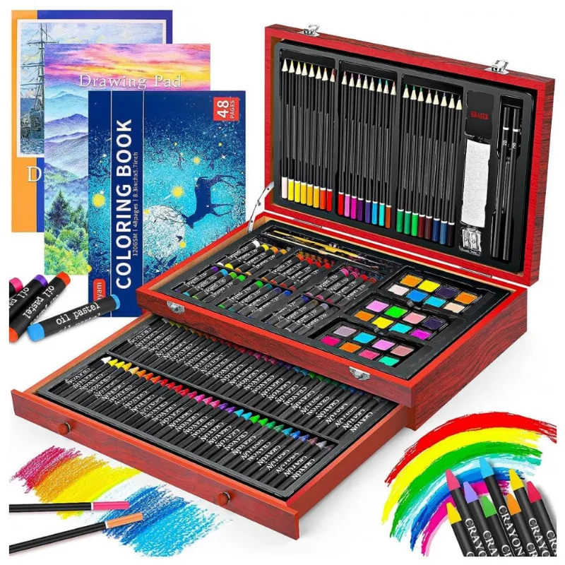 Kit Lápis de Cor Profissional com Maleta de Madeira 150 peças Tintas Acrílicas, Aquarela, IBAYAM, Azul