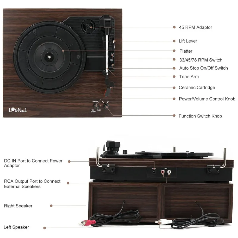 Vitrola Toca Discos Retrô Com 3 Velocidades, Bluetooth E Desligamento Automático, 110v, Lpno.1, Lpsc 008, Marrom