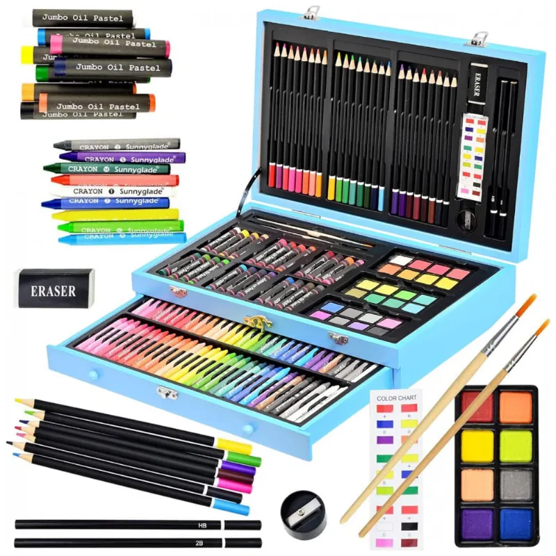 Kit de Pintura Sunnyglade com 145 Peças e Caixa de madeira Portátil, Azul