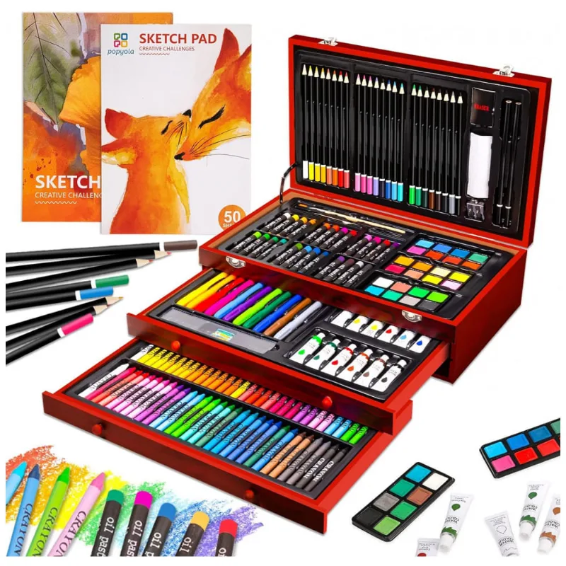 Kit Lápis de Cor Profissional com Maleta de Madeira 185 peças e 2 Livros de Esboço, POPYOLA, Marrom