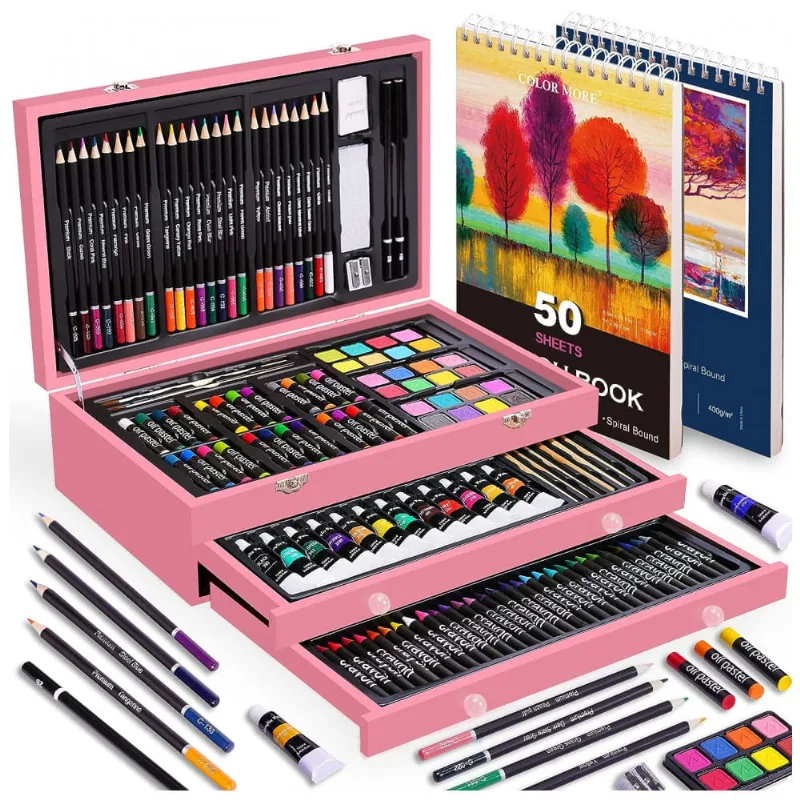 Kit Lápis de Cor Profissional com Maleta de Madeira 175 Peças e Tintas Acrílicas, Aquarela, Color More, Rosa