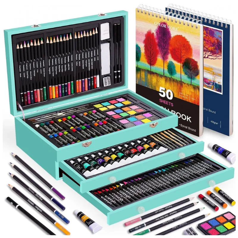 Kit Lápis de Cor Profissional com Maleta de Madeira 175 Peças e Tintas Acrílicas, Aquarela, Color More, Azul