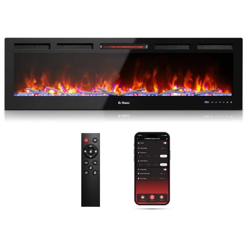 Lareira Eletrica De Embutir A45x152l Com Controle Remoto, Crepitacao De Som E App, 110v 1500w, Turbro, Preta