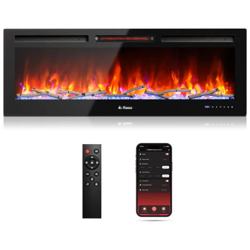 Lareira Eletrica De Embutir A45x127l Com Controle Remoto E App Para Celular, 110v 1500w, Turbro, Preta