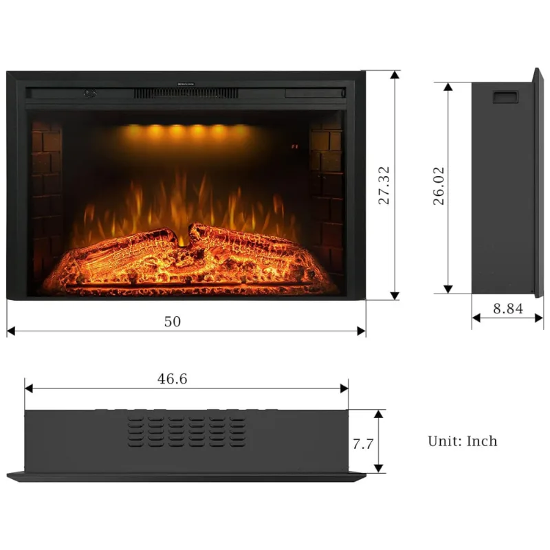 Lareira Elétrica De Embutir A69x127l Com Proteção Contra Superaquecimento E Chamas Ajustavel, 110v 1500w, Benrocks, Preta