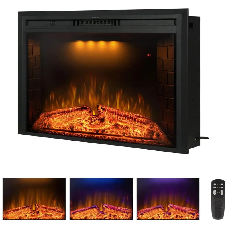 Lareira Eletrica De Embutir A69x101l Com Controle Remoto E Chamas Ajustavel, 110v 1500w, Benrocks, Preta