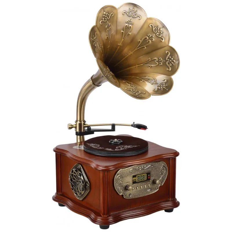 Gramofone Toca Discos Retro Com Alto Falantes E Controle De Sistema, 110v, Bandc, Marrom
