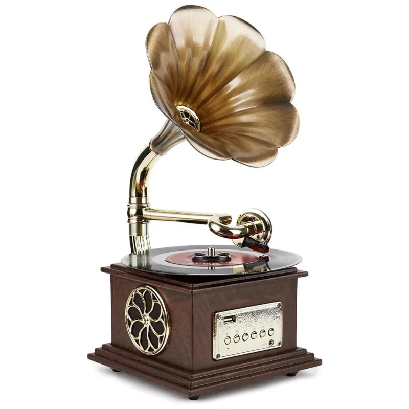 Gramofone Toca Discos Retro Com Alto Falante Embutido E Corneta De Cobre, 110v, Asommet, Marrom