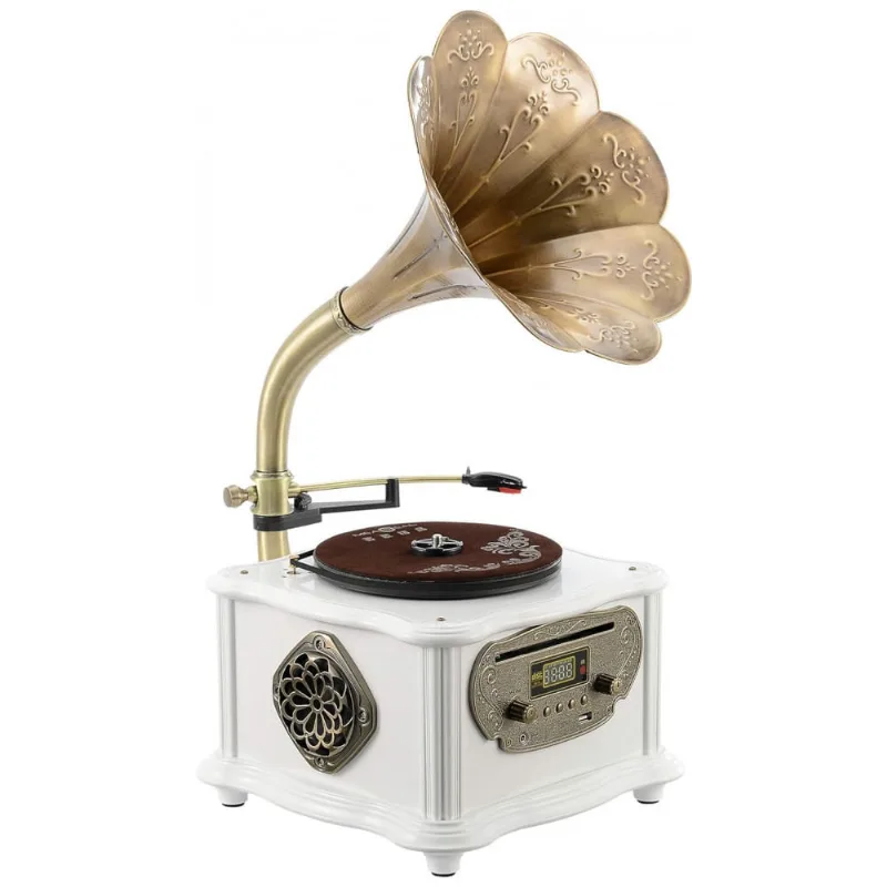 Gramofone Toca Discos Retro Com Alto Falantes E Controle De Sistema, 110v, Bandc, Branco