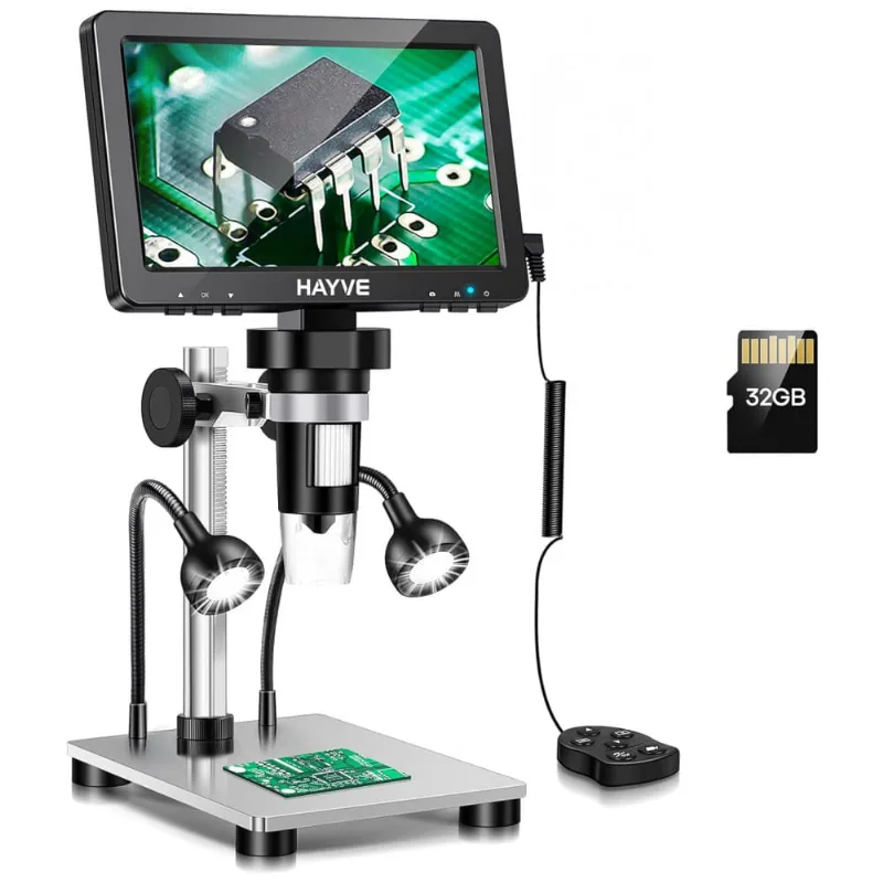 Microscópio Digital Ampliação de 1200X para Solda de Reparo de Circuito PCB, 32GB, 12 MPe 10 Luzes LED, Hayve, Prata